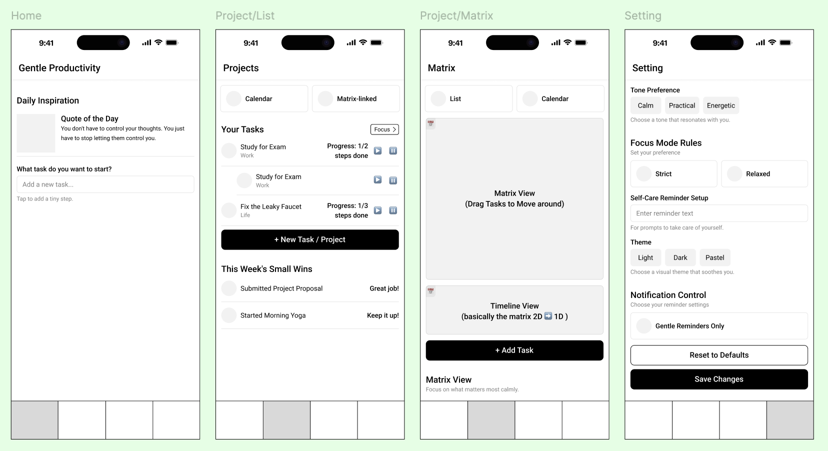 Soft Start lo-fi wireframes