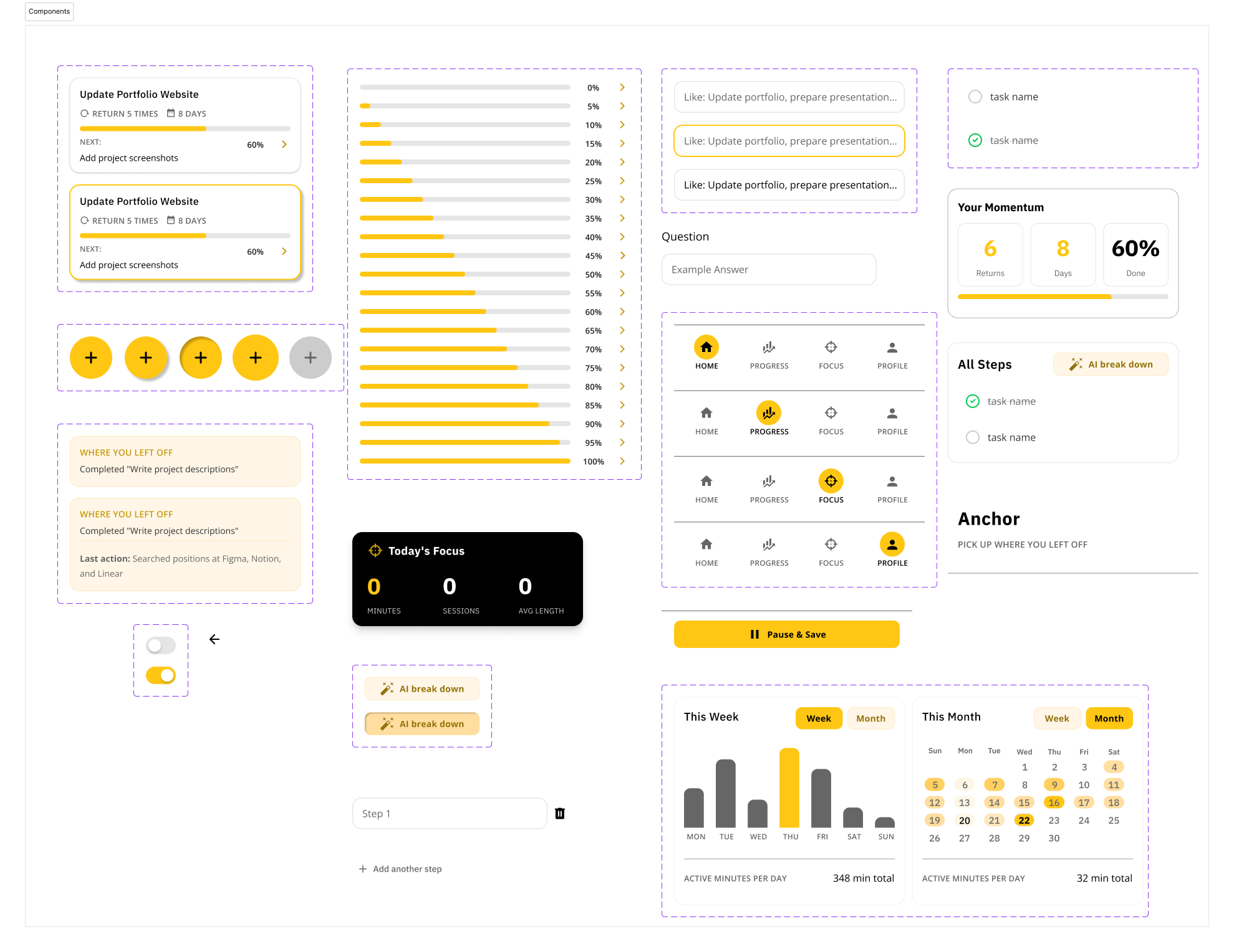 Anchor UI component library — task cards, navigation, calendar, momentum tracker