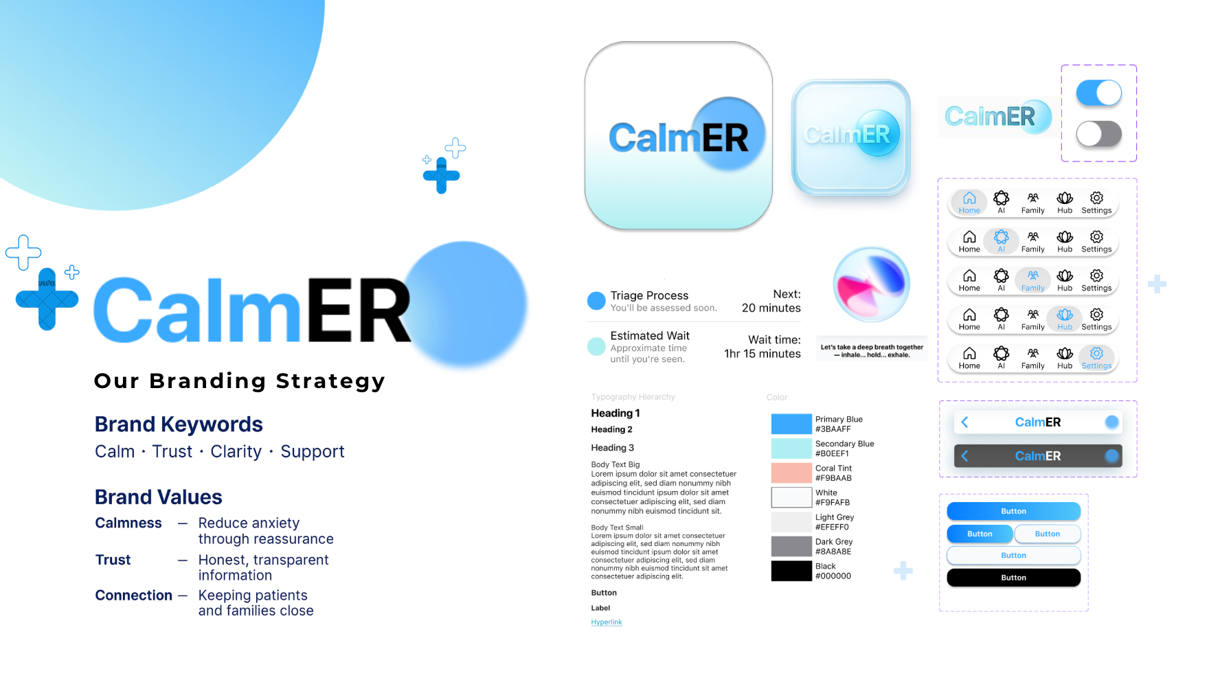 CalmER design system — components, colour palette, typography