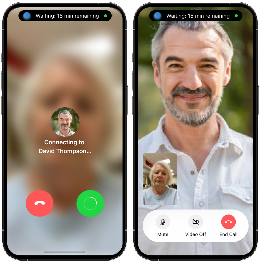 CalmER Family Call — one-tap video call with Dynamic Island triage status