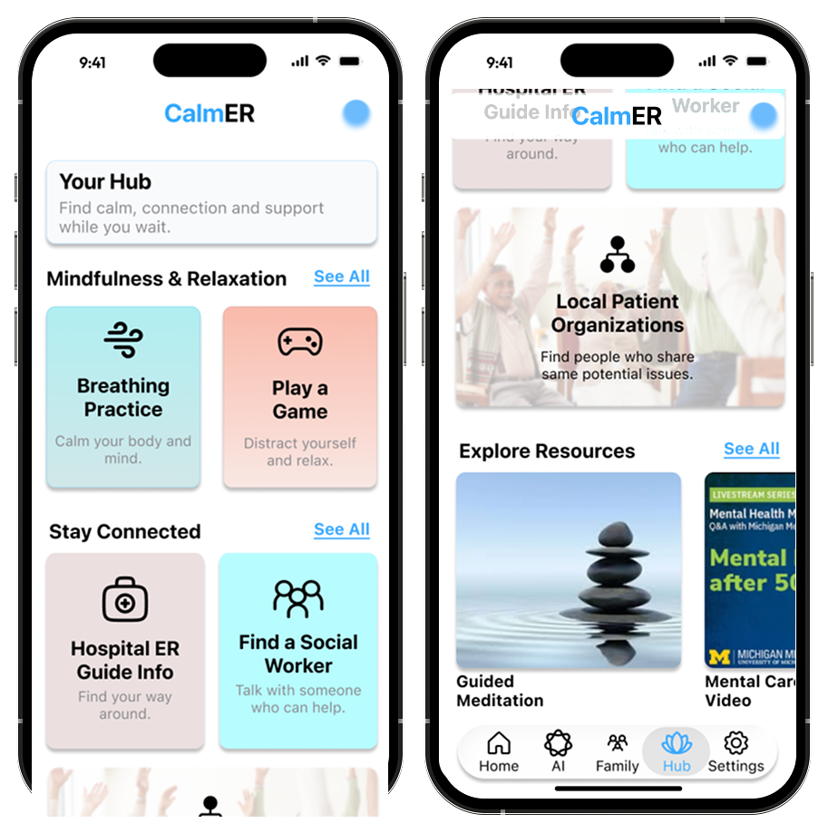CalmER Resource Hub — breathing exercises, ER FAQs, social worker
