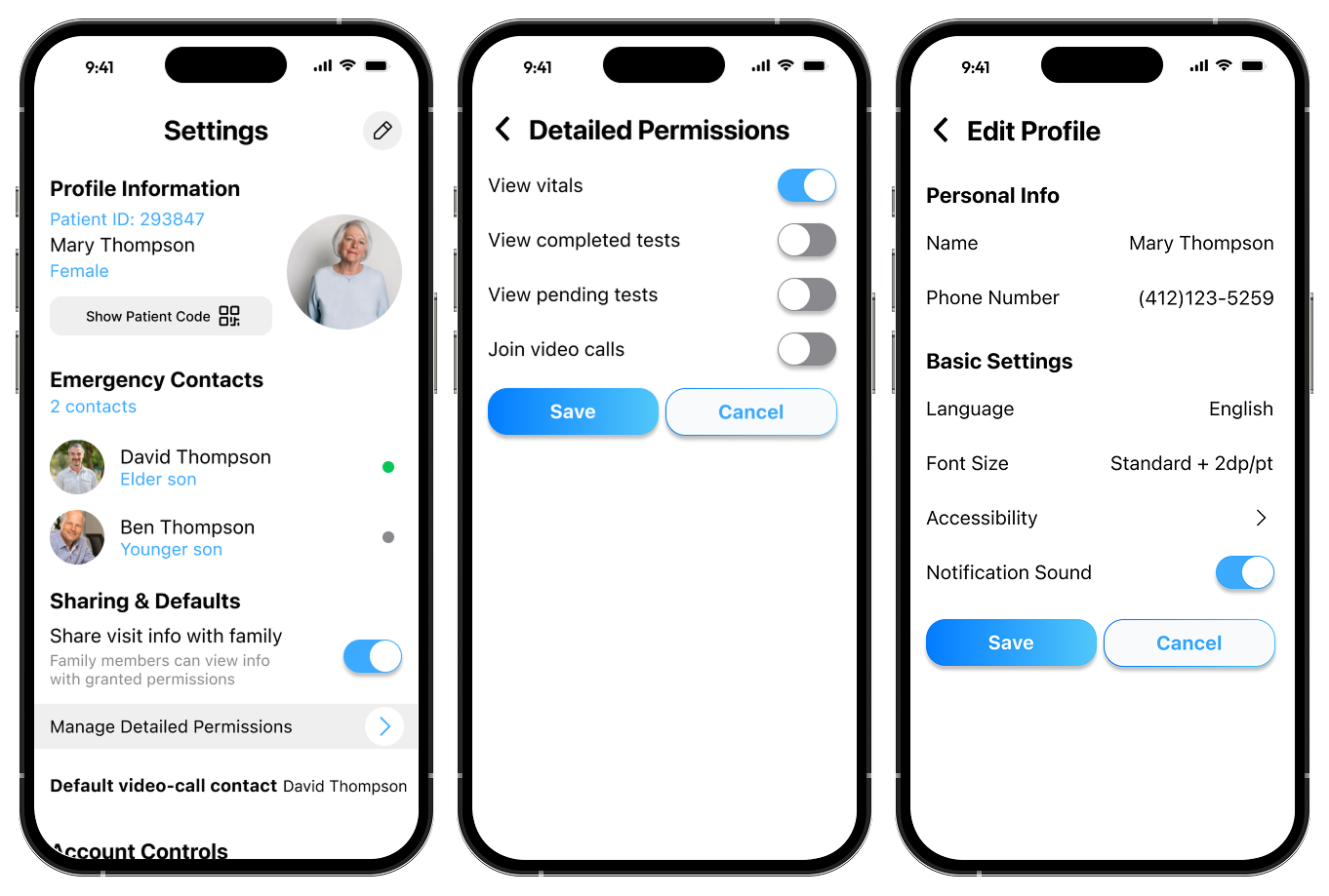 CalmER Settings — granular privacy permissions, accessibility, emergency contacts