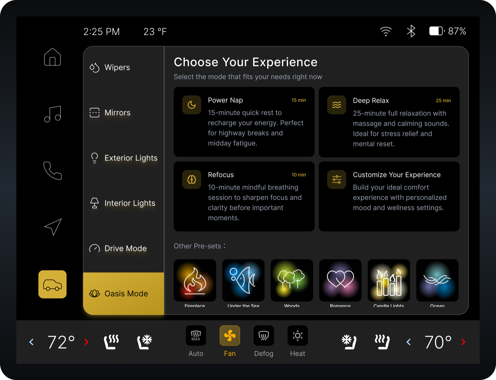 Oasis Mode — preset selection screen