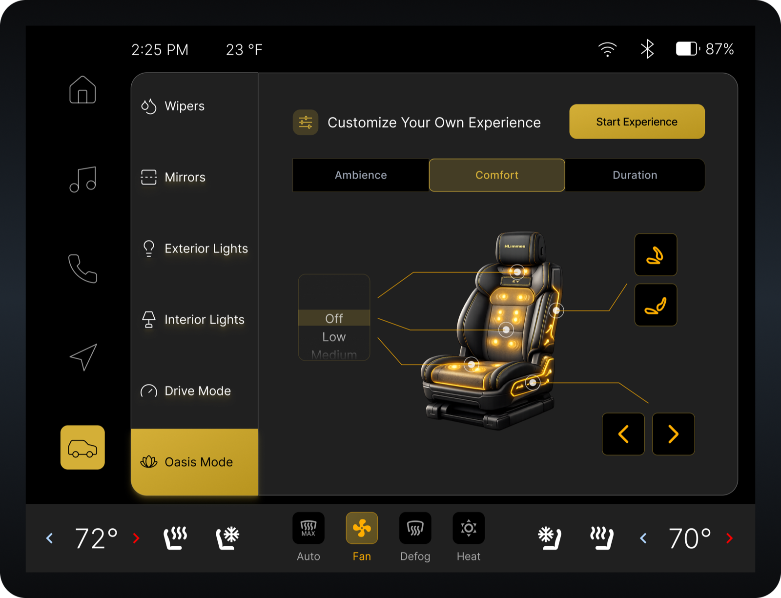 Oasis Mode — custom comfort screen with 3D seat